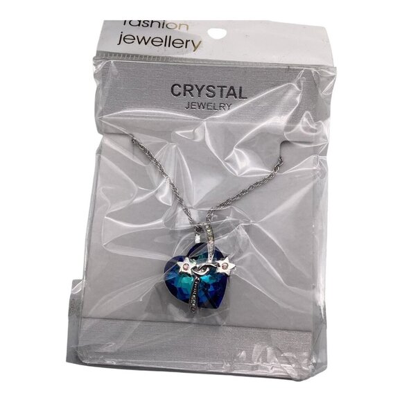 Blue Swarovski Crystal Heart Necklace W/ Silver Stars Pendant Adjustable Chain - Picture 7 of 10